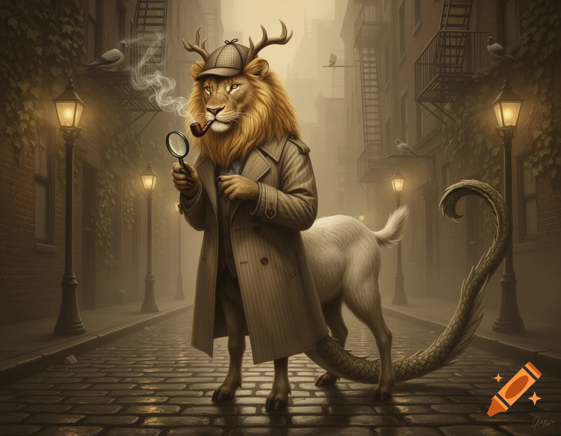 A lion-headed, goat-bodied, dragon-tailed detective with antlers, in a trench coat, smoking a pipe on a foggy street.