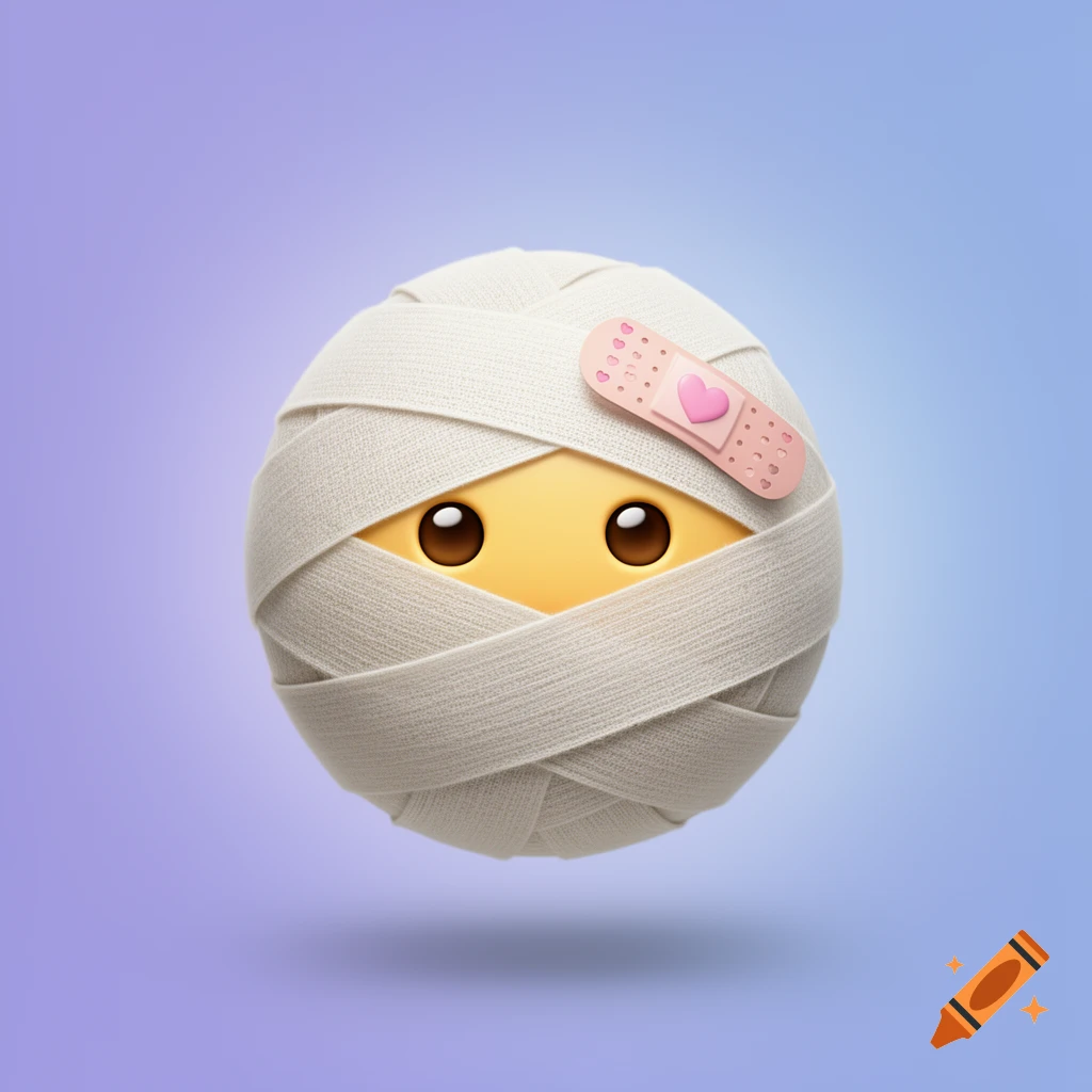 A cute, yellow emoji face wrapped in white bandages, with only its large brown eyes visible. A pink band-aid with a heart is stuck to its forehead. The emoji floats on a purple and blue gradient background.