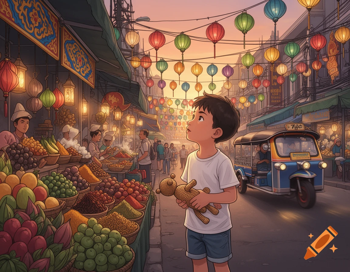 A young boy holding a teddy bear gazes up at a vibrant street market filled with colorful lanterns, food stalls, and a blue tuk-tuk at sunset, in an animated style.