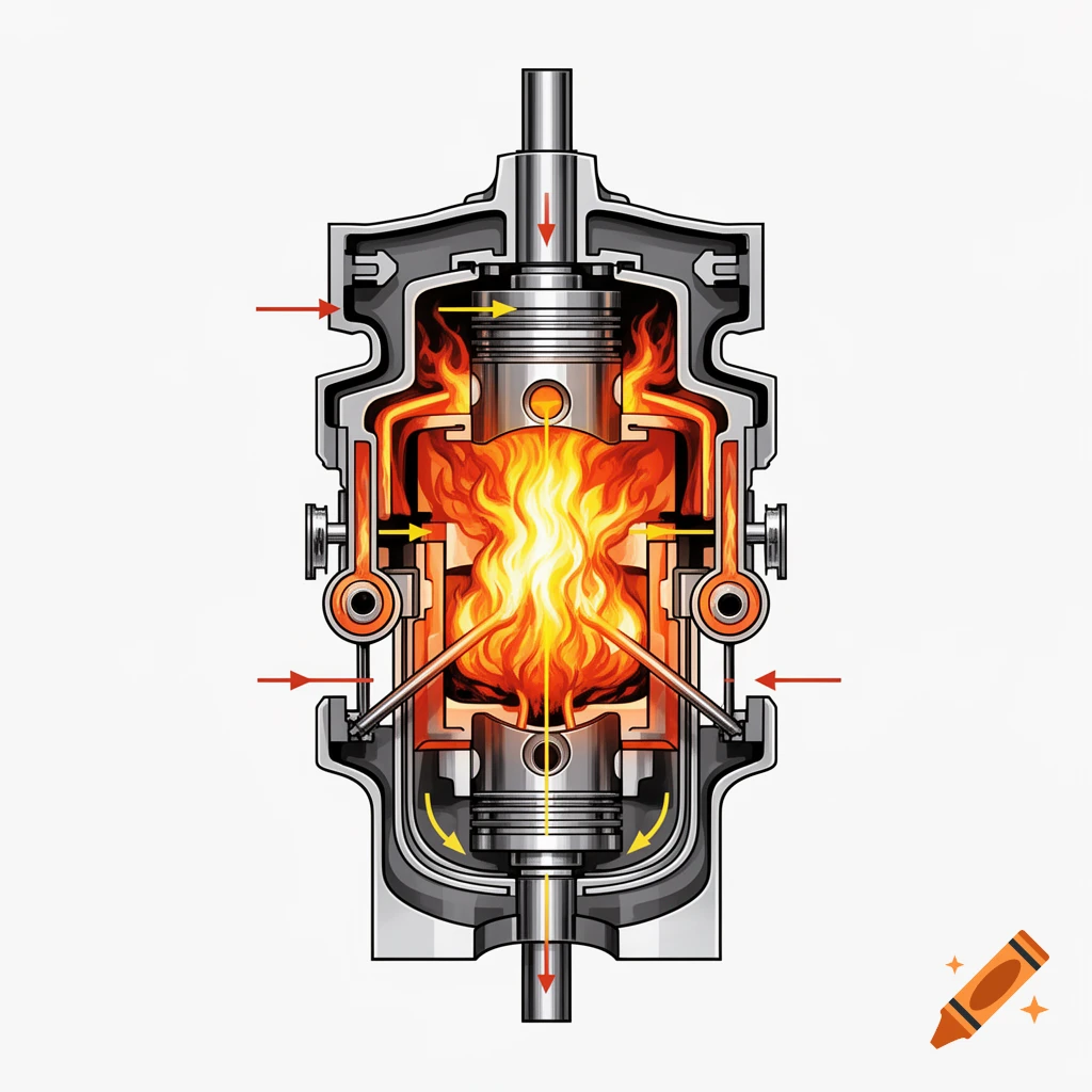 Vector illustration of a cross-section of an internal combustion engine, showing pistons, flames, and fluid flow with arrows.