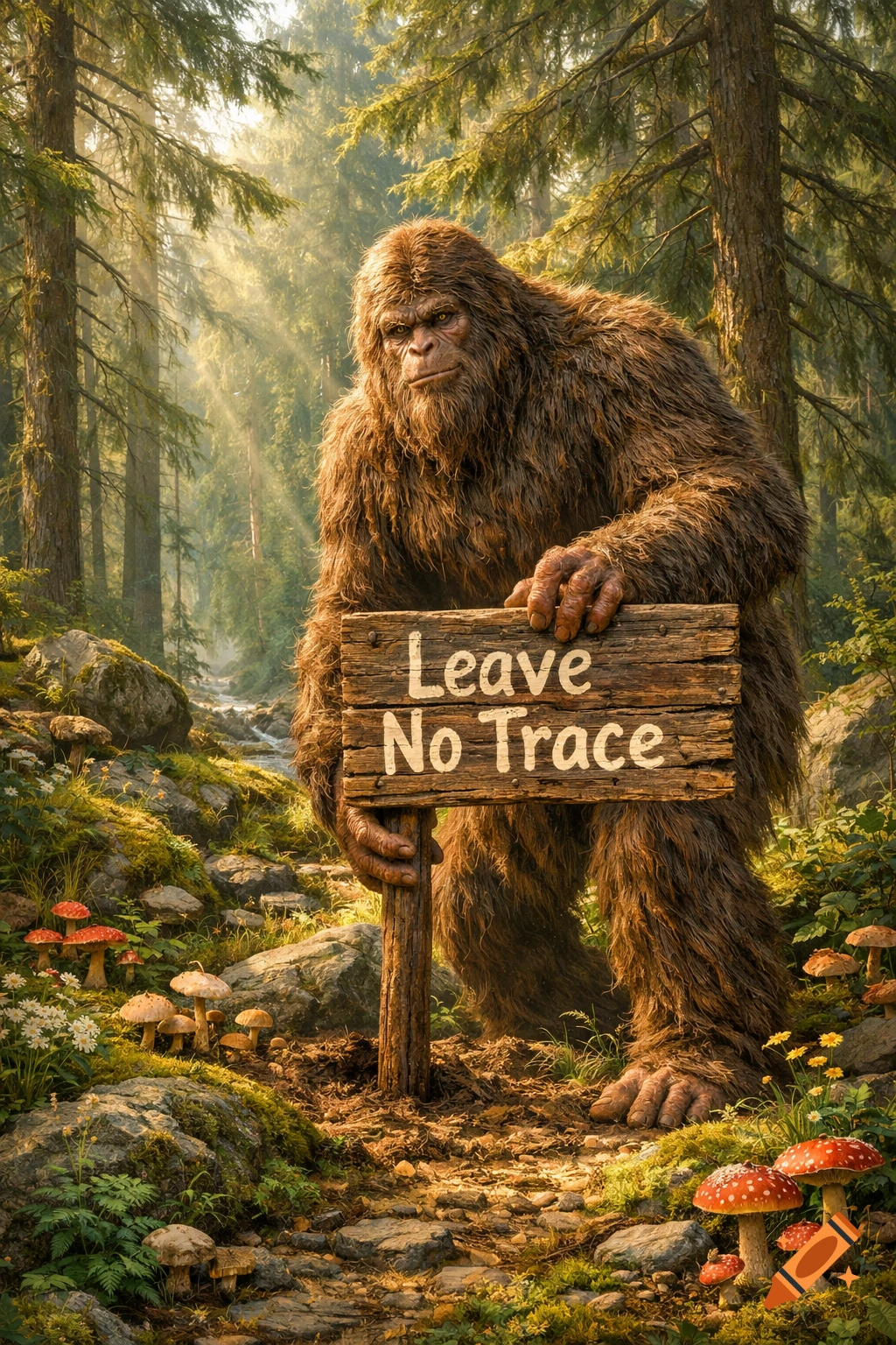 Photorealistic Bigfoot in a sunlit forest holding a wooden sign that reads 'Leave No Trace', surrounded by rocks and mushrooms.