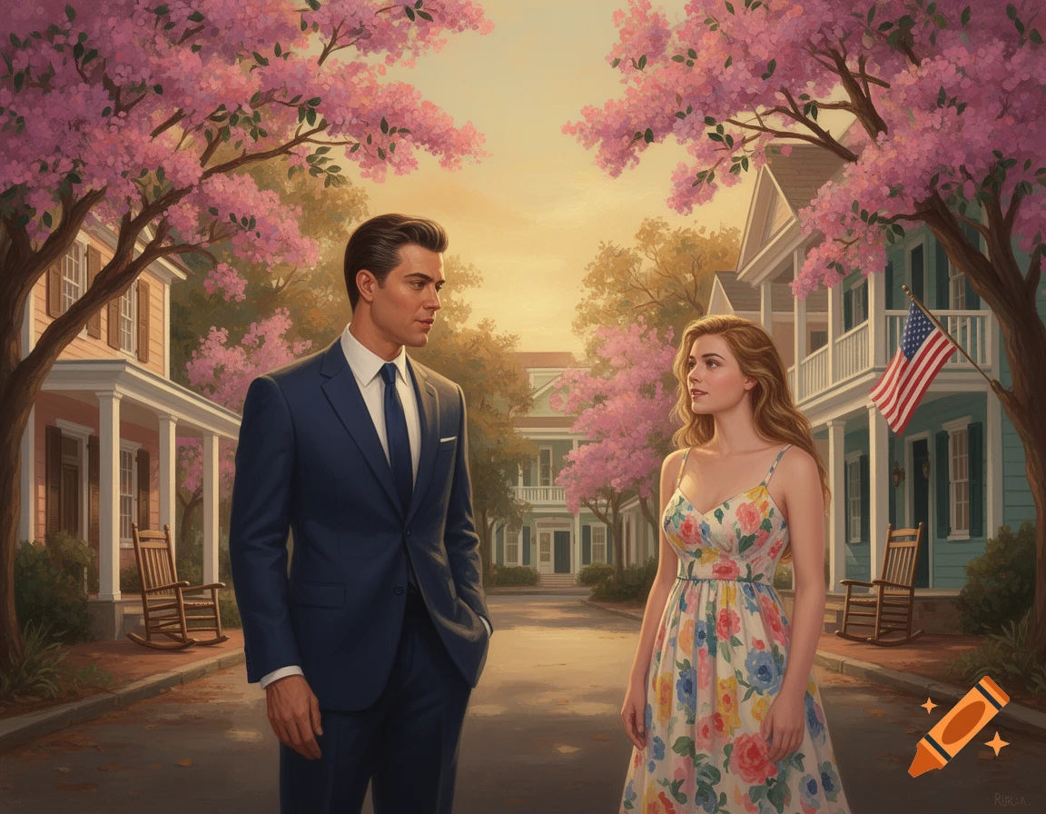 An illustration of a man in a suit and a woman in a floral dress standing on a street lined with houses and pink blossoming trees.