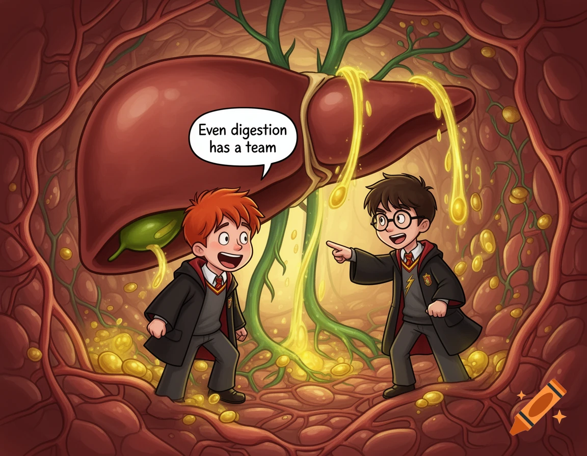 Cartoon Harry Potter characters, Harry and Ron, inside a large human liver with bile dripping, Ron says 'Even digestion has a team'.