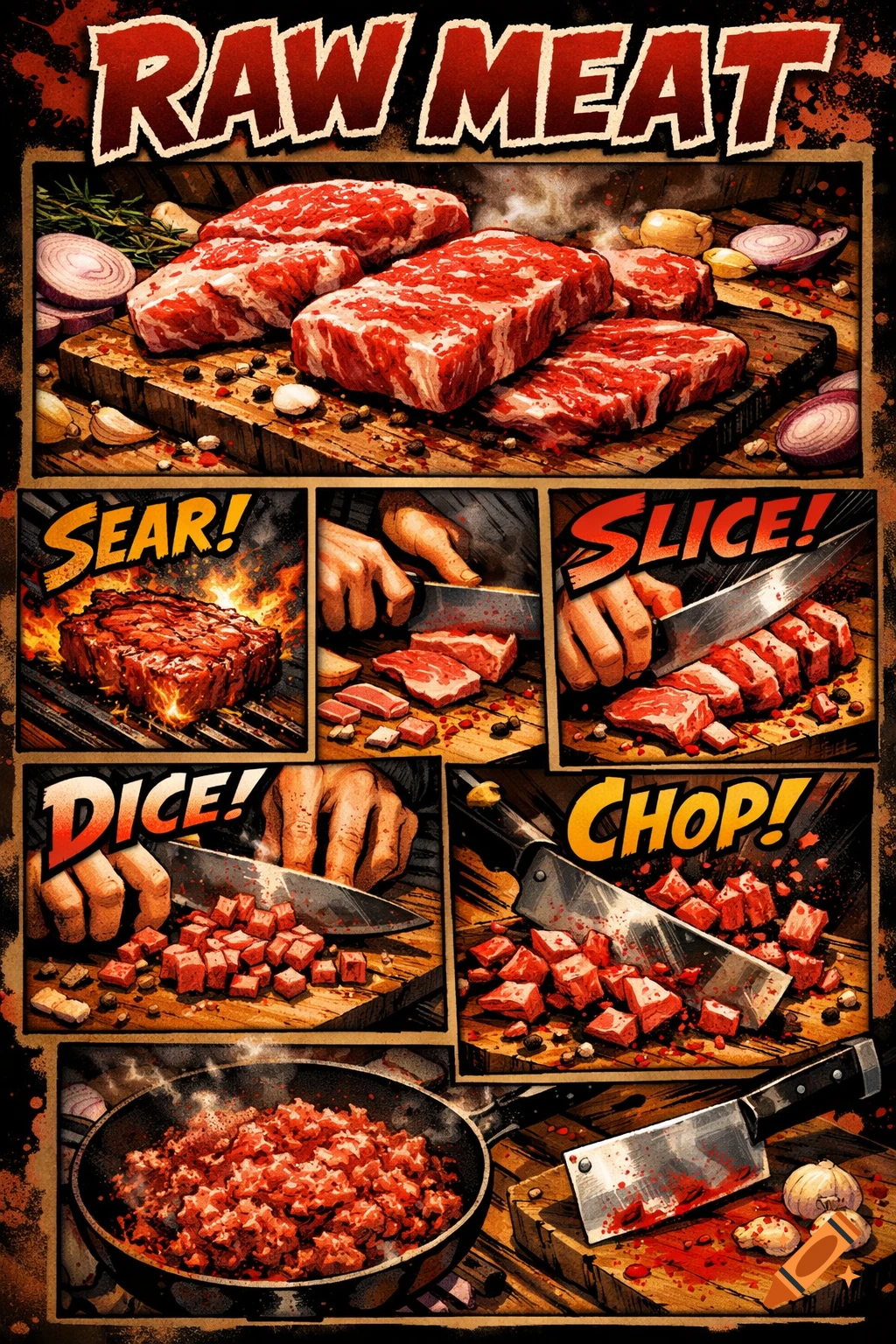 A comic-style collage showing raw meat being prepared, with panels ...