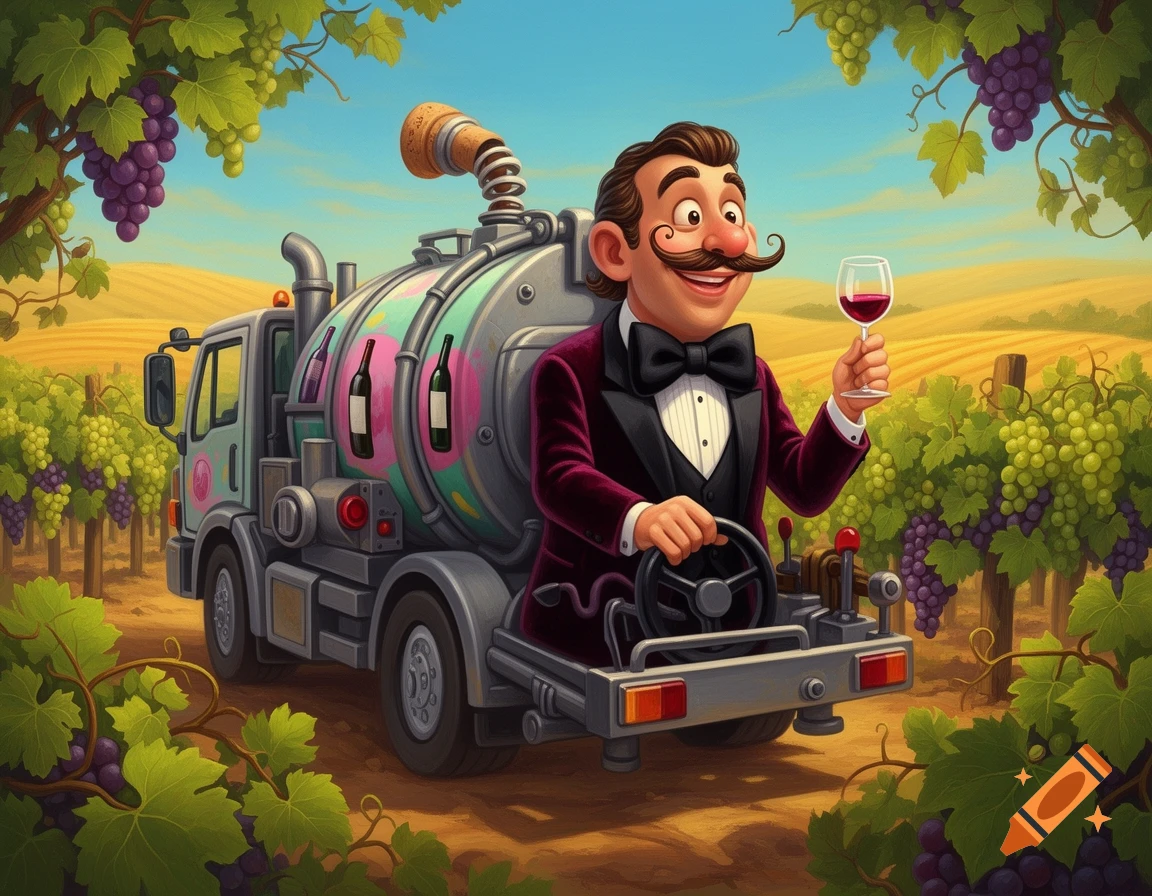 A cartoon sommelier in a tuxedo drives a colorful wine tanker truck through a sunny vineyard, holding a glass of red wine.