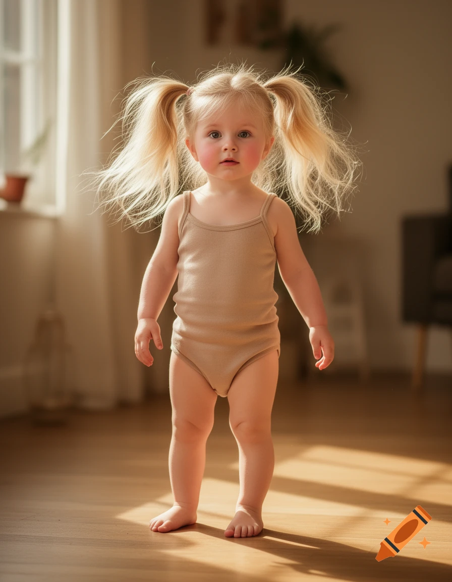 A photorealistic image of a blond toddler with two pigtails and a beige bodysuit standing barefoot on a wooden floor.