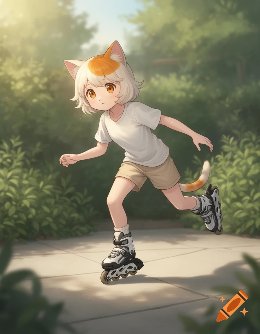 Anime cat-girl with orange and white hair roller skating on a path with green bushes in a semi-realistic illustration.