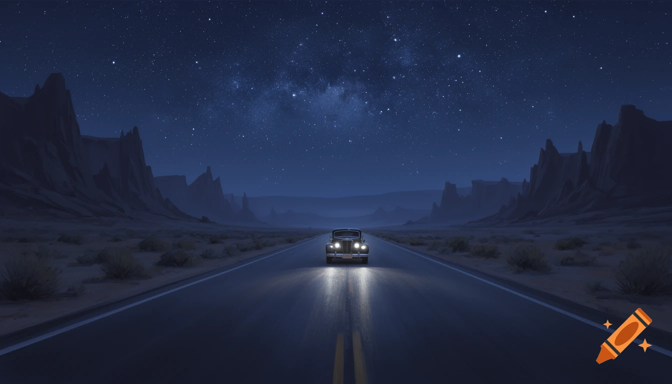 A classic car drives down a long desert road at night, illuminated by headlights under a starry sky with distant mountains.