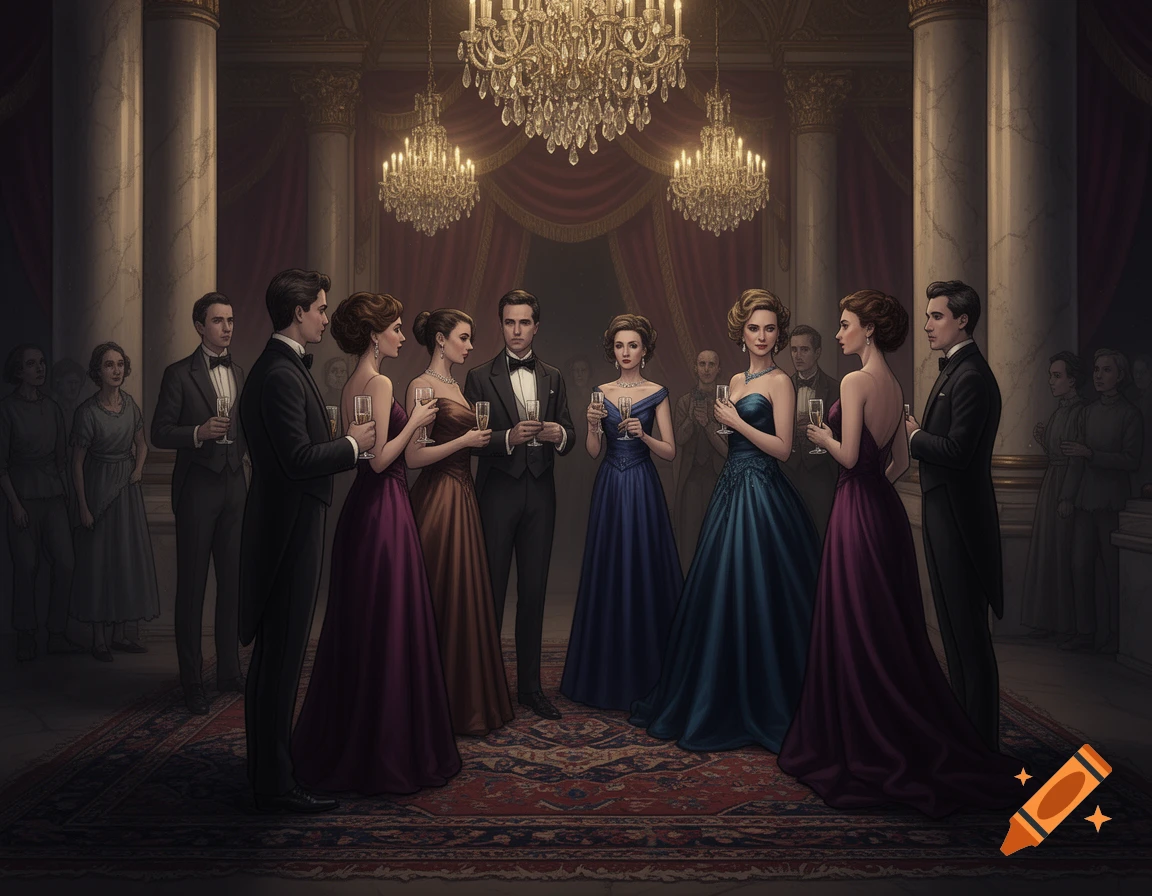 Illustration of elegantly dressed men and women with champagne glasses at a formal gathering in an opulent ballroom.