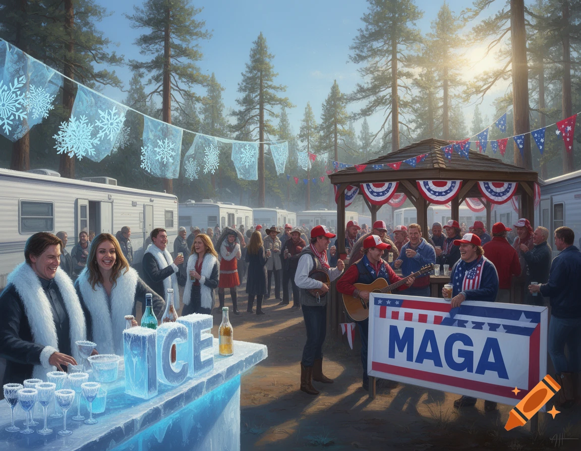 A busy outdoor party in a trailer park with people in winter coats and red hats, an ice bar, and a large MAGA sign, all under snowflake banners.