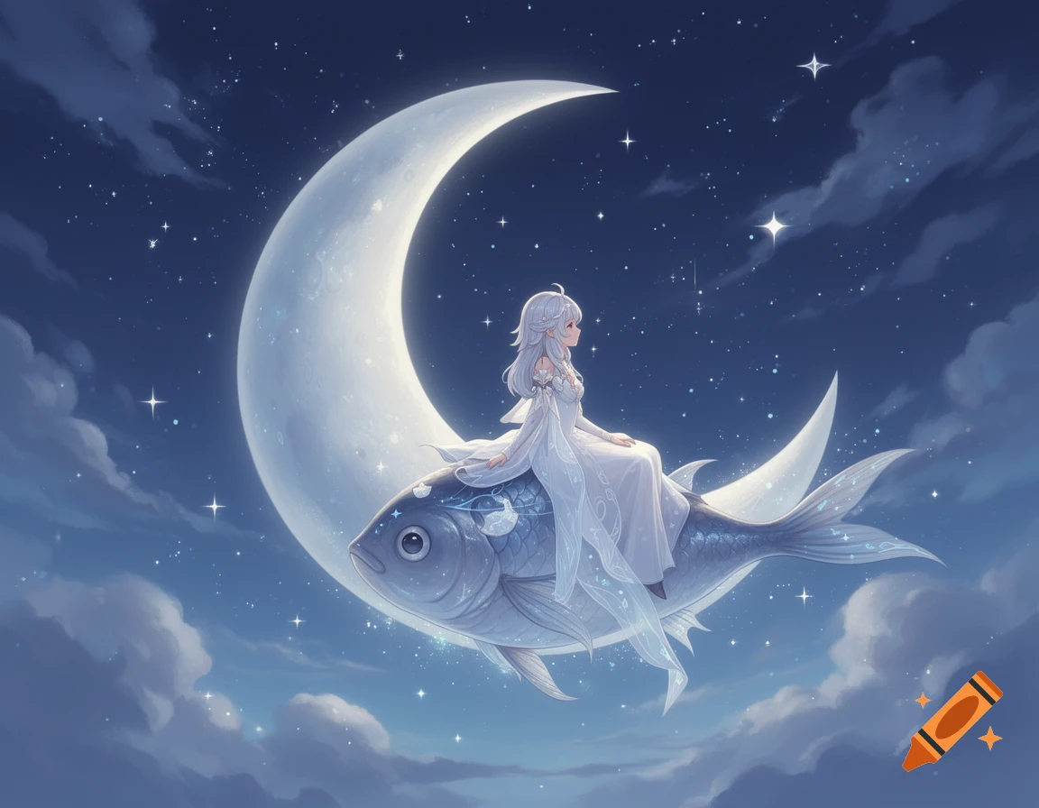 A white-haired anime girl in a white dress sits on a large fish, shaped like a crescent moon, flying in a starry night sky.