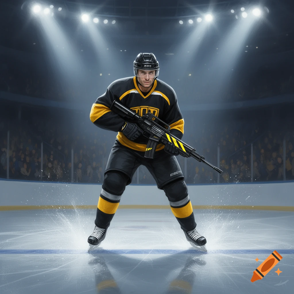 A stylized image of a hockey player in a black and yellow uniform, holding a sniper rifle, standing on an ice rink under bright stadium lights. Water splashes around his skates.