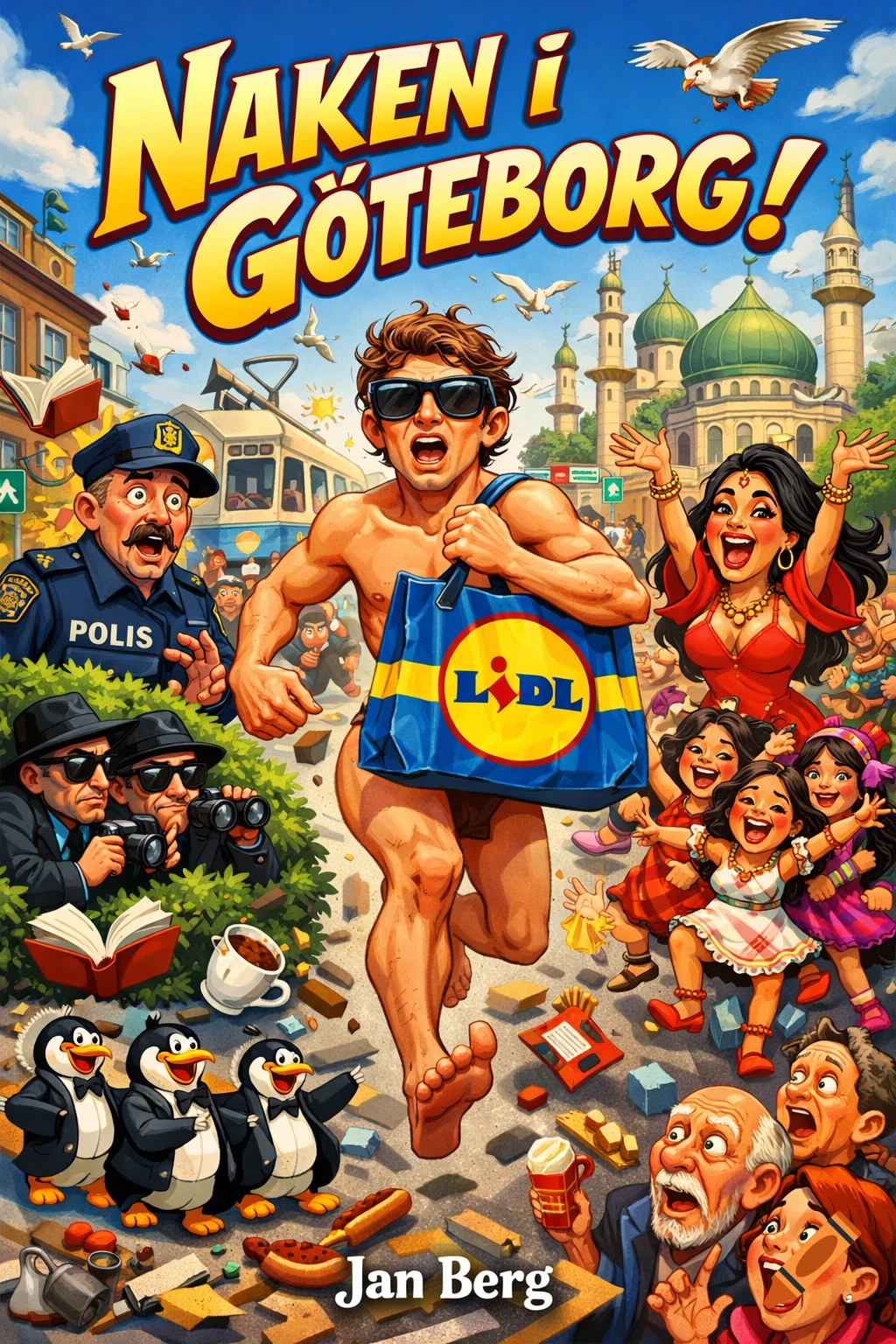 Humorous cartoon book cover titled "Naken i Göteborg" depicting a naked man with a Lidl bag running through a chaotic city street, surrounded by a police officer, Mossad agents, joyous people, dancing penguins, and mosques in the background.