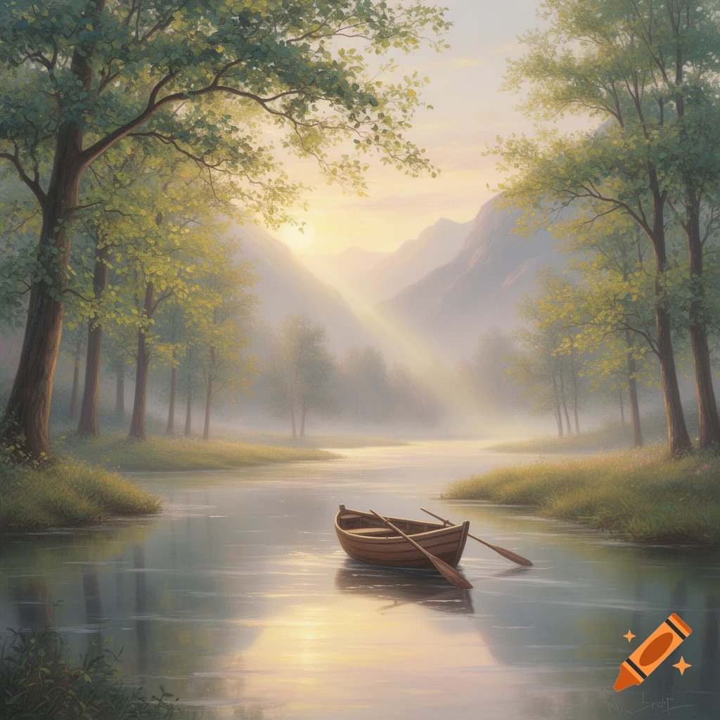 A serene painterly landscape with a wooden rowboat on a misty river, surrounded by lush trees and distant mountains under a warm sky.