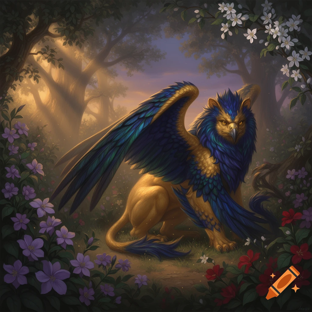 A regal golden griffin with vibrant blue and green feathered wings and mane sits in a sun-dappled mystical forest with purple and red flowers.