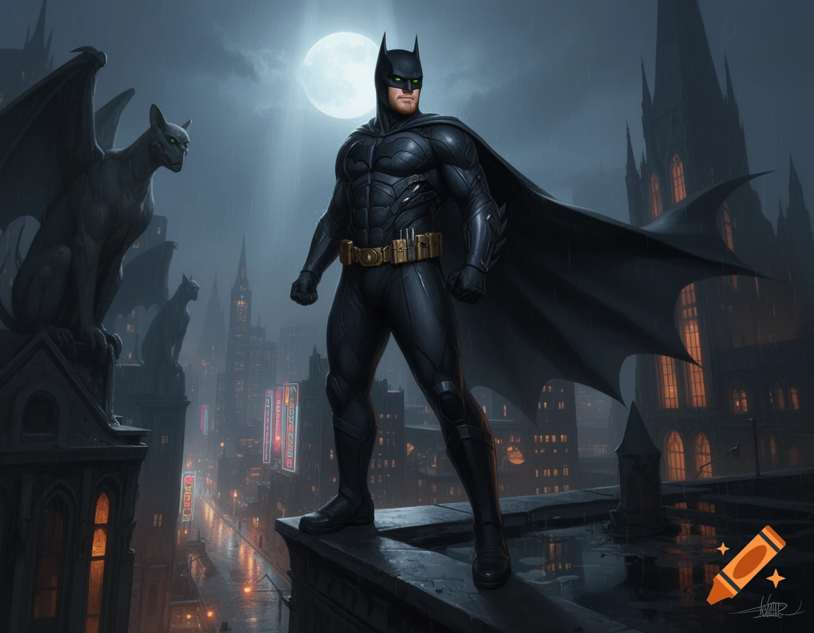 Batman stands on a gothic rooftop in a rainy, neon-lit cityscape under ...