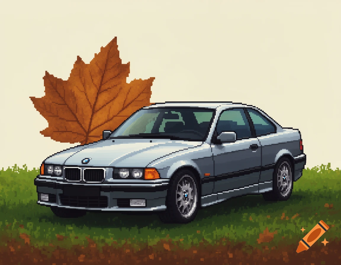 A silver pixel art BMW E36 coupe sits on green grass with a large orange autumn leaf behind it.
