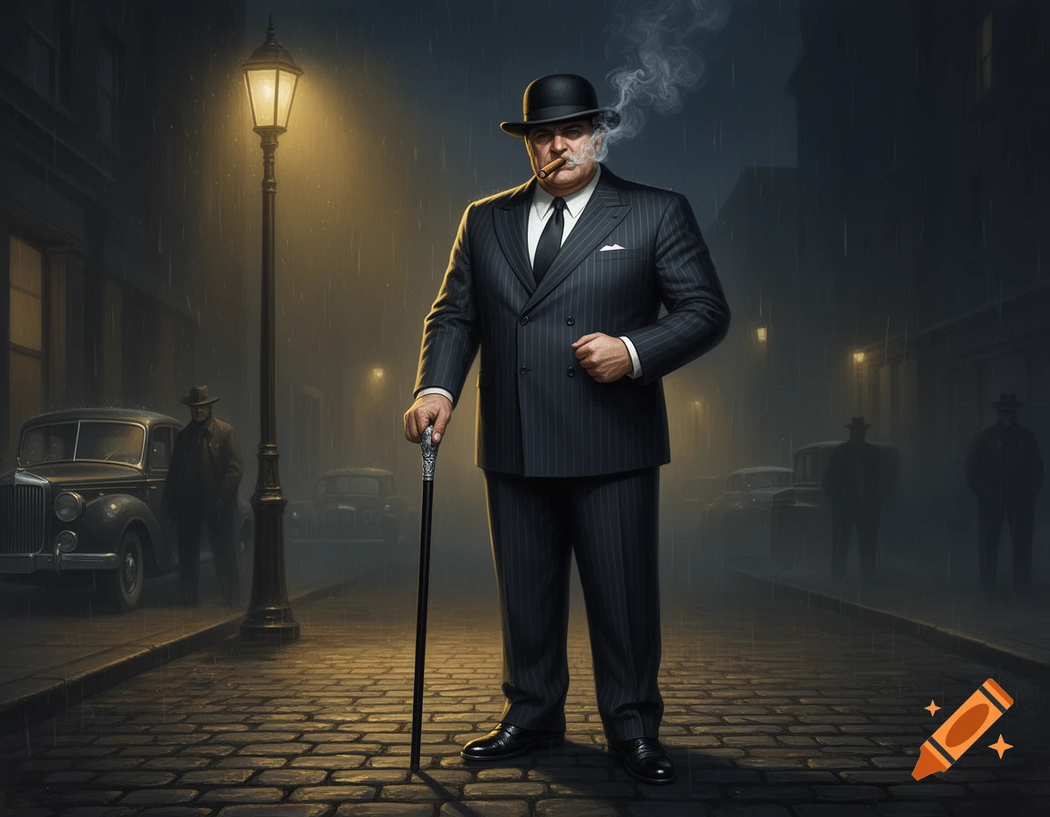 A stout man in a pinstripe suit, bowler hat, and cane smokes a cigar on a rainy city street at night, with vintage cars.