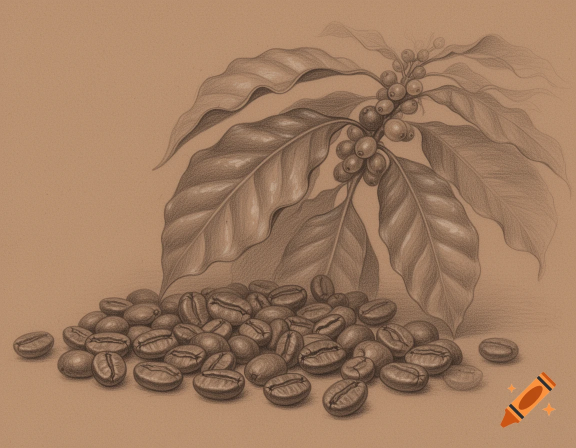 Pencil drawing of coffee beans piled on a surface with a coffee plant with leaves and berries in the background, all in brown tones.