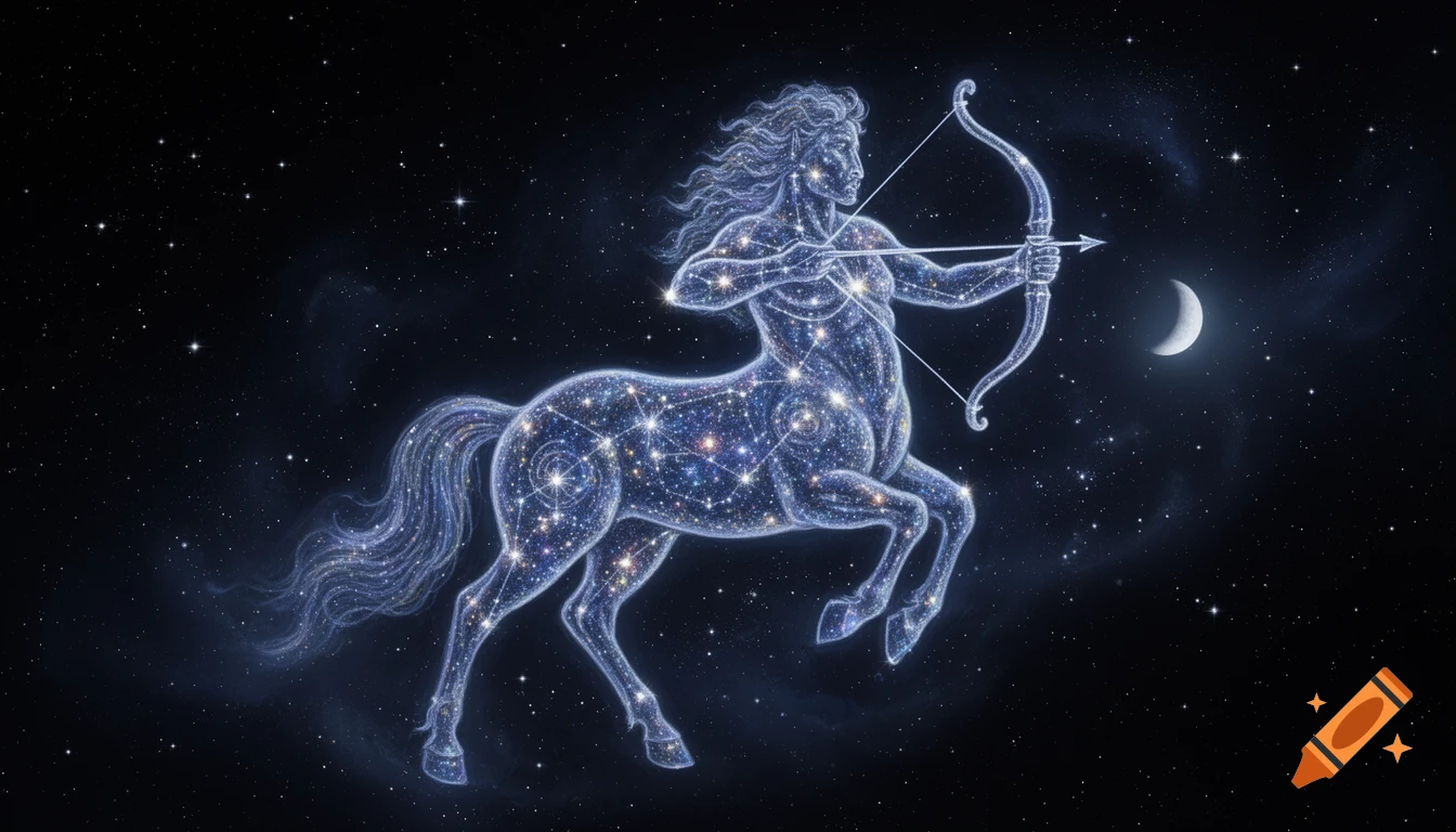 A glowing centaur constellation, depicted as an archer, in a dark night sky filled with stars and a crescent moon.