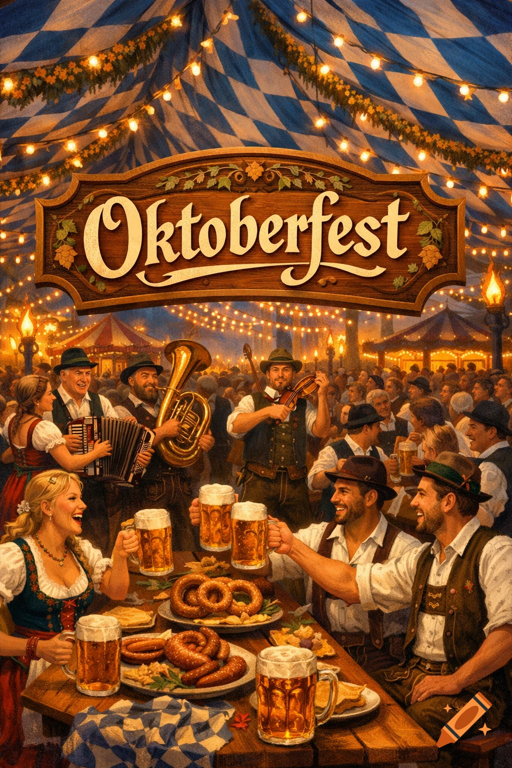 A vibrant illustration of an Oktoberfest celebration under a tent, with people toasting beer, eating pretzels and sausages, and a band playing. A sign reads "Oktoberfest".
