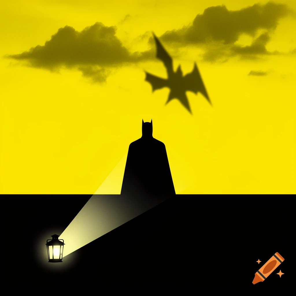 A black Batman silhouette on a yellow background, with a lantern projecting a bat signal onto blurry clouds.