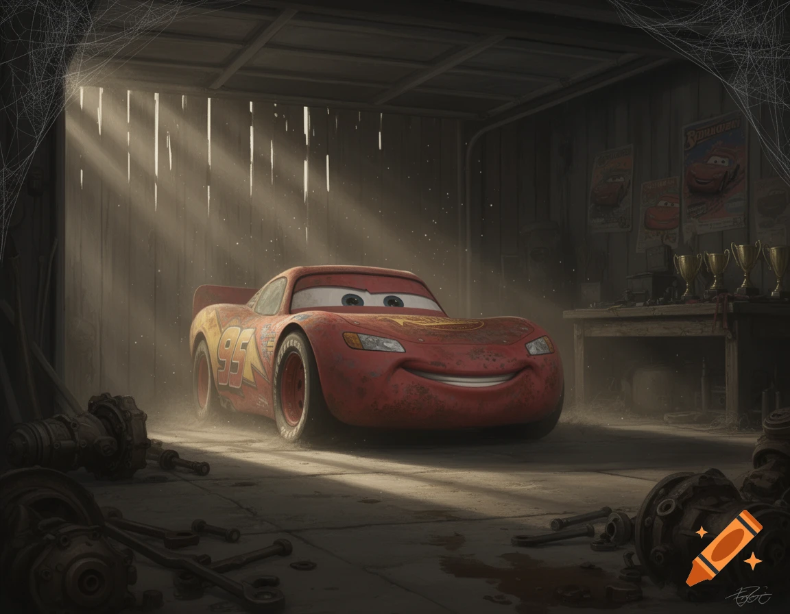Rusty Lightning McQueen, from Disney Pixar's Cars, sits in a dusty, dimly lit abandoned garage with light rays filtering through the roof, illuminating floating dust. Old parts are scattered on the floor, and spiderwebs are in the corners. Posters and trophies are on a workbench in the background.