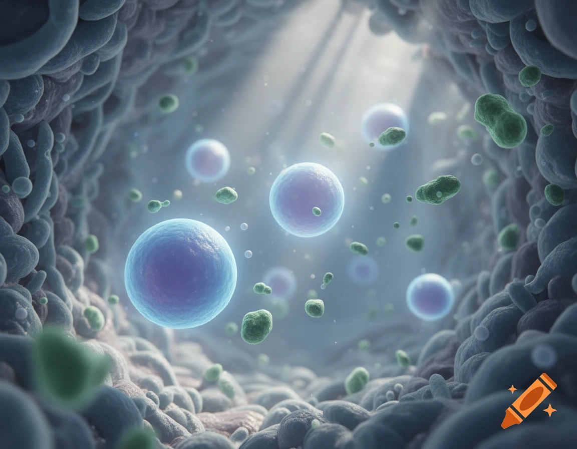 Microscopic view of blue and green cells, likely lymphocytes, floating within a biological environment with light rays.