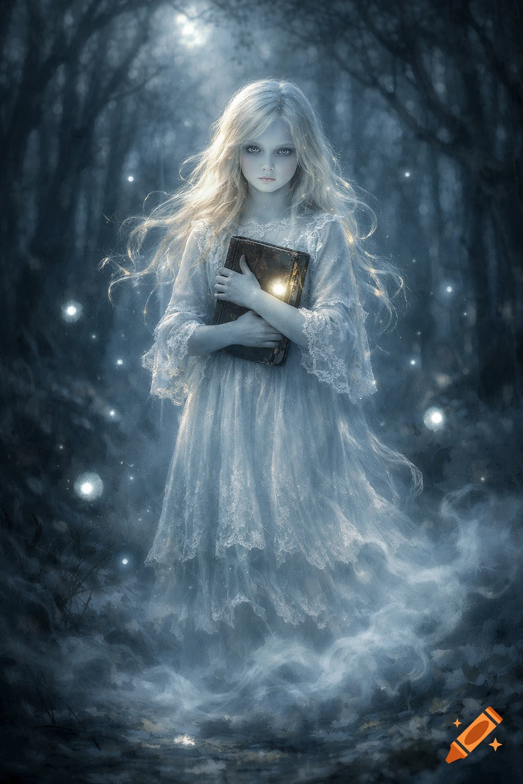 Ethereal blonde ghost girl in a white lacy dress holding a glowing book in a dark, misty forest, fantasy art.