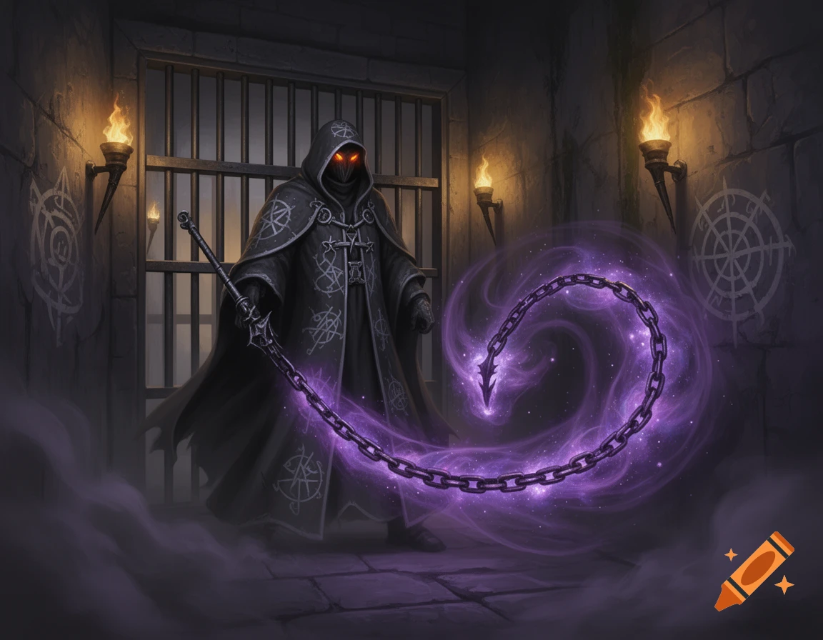 A hooded dark fantasy figure with glowing red eyes, wearing a patterned robe, stands in a dungeon holding a magical purple chain whip.