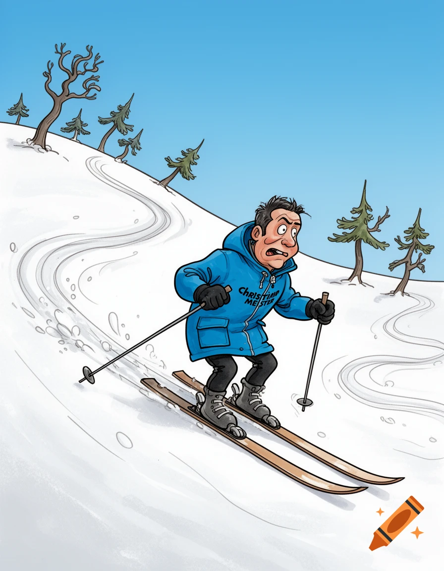 A cartoon of Christian Meister in a blue anorak skiing down a snowy slope, looking surprised, with trees in the background.