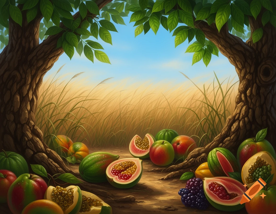Vibrant illustration of tropical fruits at the base of two large trees, framed against a golden field and blue sky.