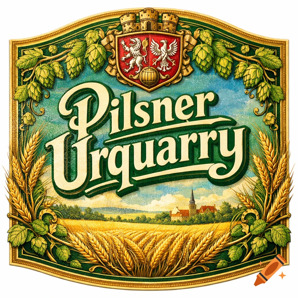 A vintage-style beer label for "Pilsner Urquarry" featuring a detailed crest, hops, wheat, and a pastoral landscape with a church.