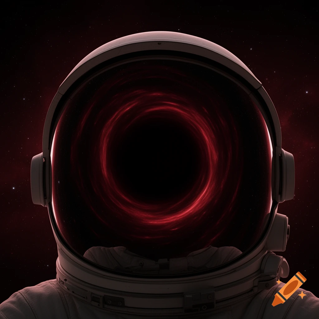 Astronaut's helmet reflecting a dark red swirling black hole against a starry space background.