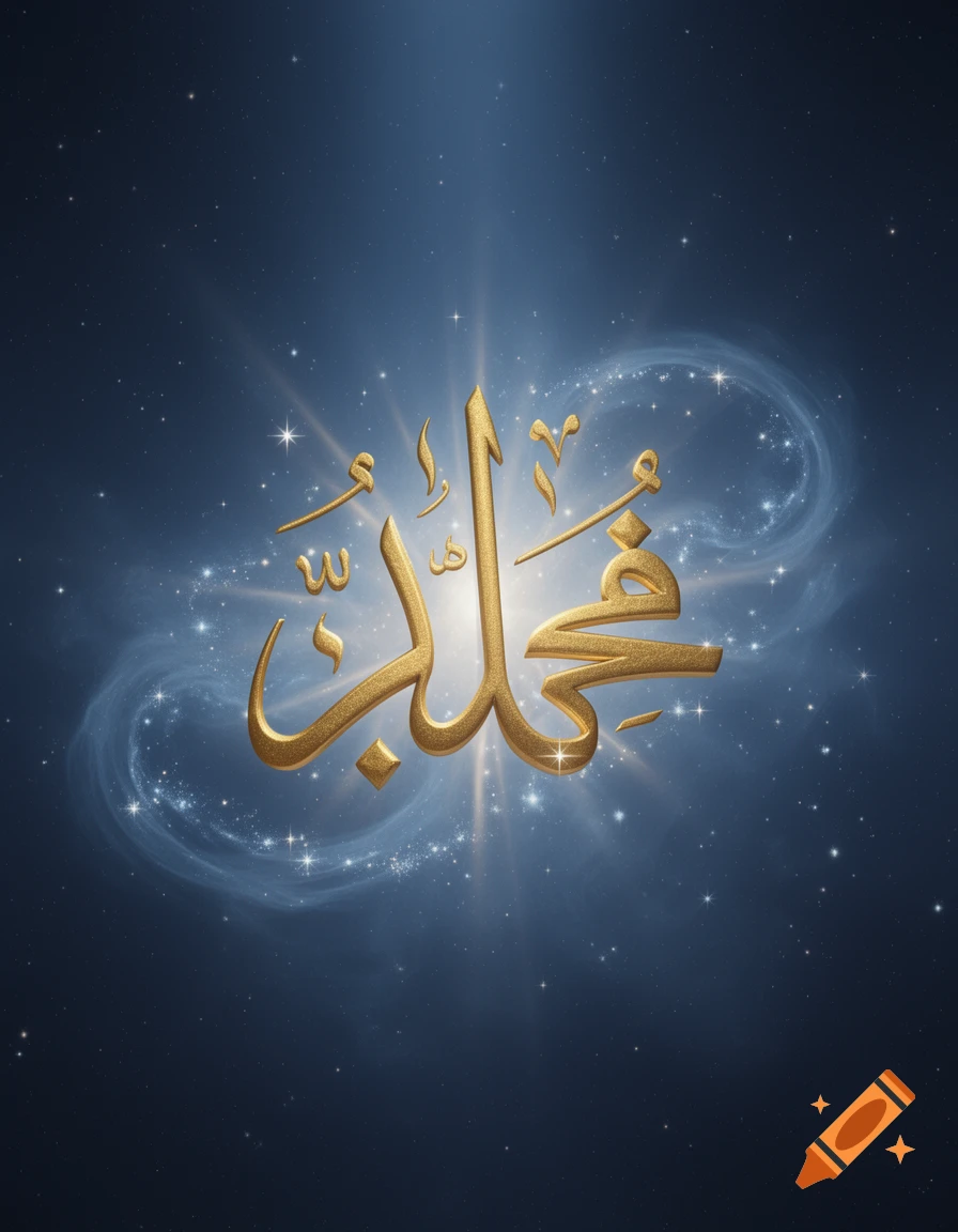 Golden Arabic calligraphy of "Salam" (peace) glows against a dark blue starry sky with a faint nebula.