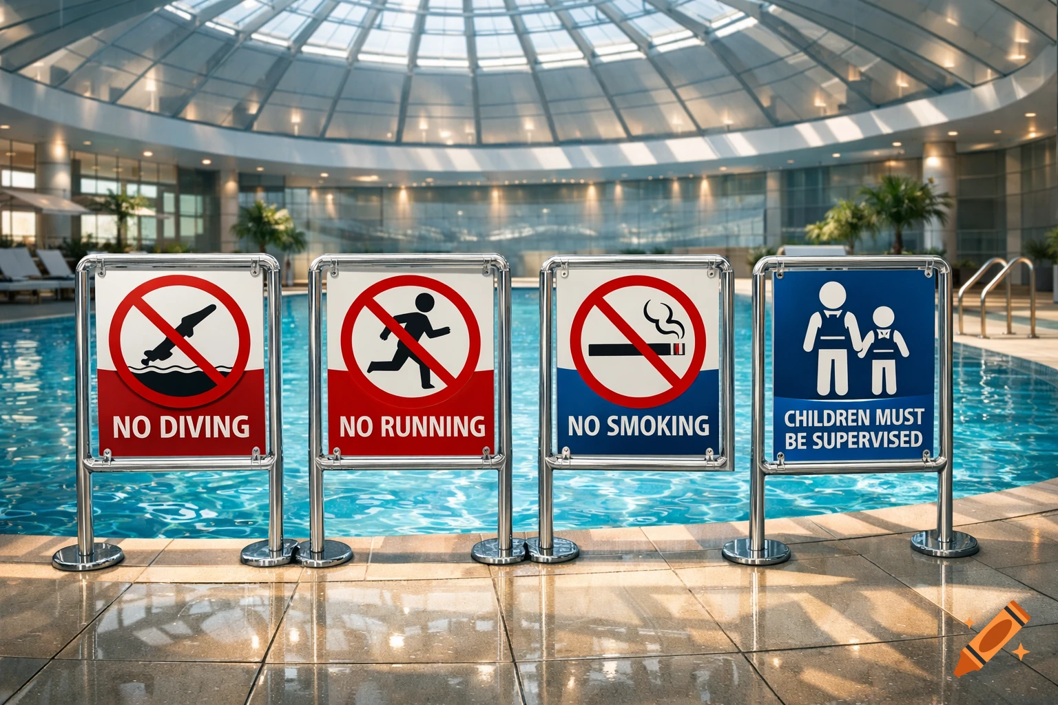 Four rule signs by a large indoor swimming pool with a glass roof, displaying 'NO DIVING', 'NO RUNNING', 'NO SMOKING', and 'CHILDREN MUST BE SUPERVISED'.