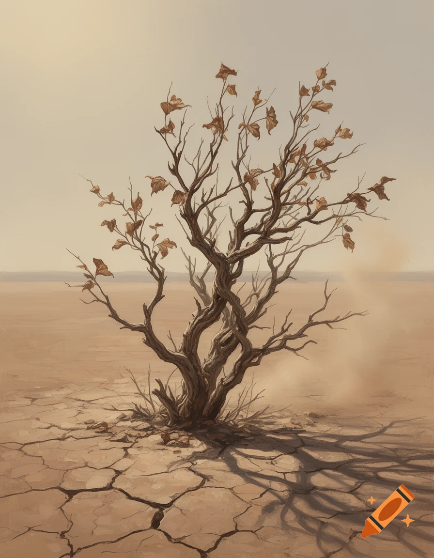 A gnarled, dry bush with sparse brown leaves stands alone in a cracked desert landscape under a pale sky, casting long shadows.