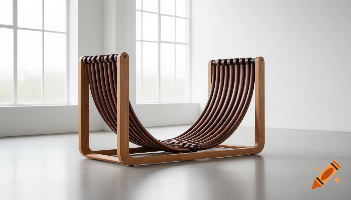 A minimalist, modern U-shaped wooden treadmill with dark walnut poles for a running surface, in a bright, minimalist room.