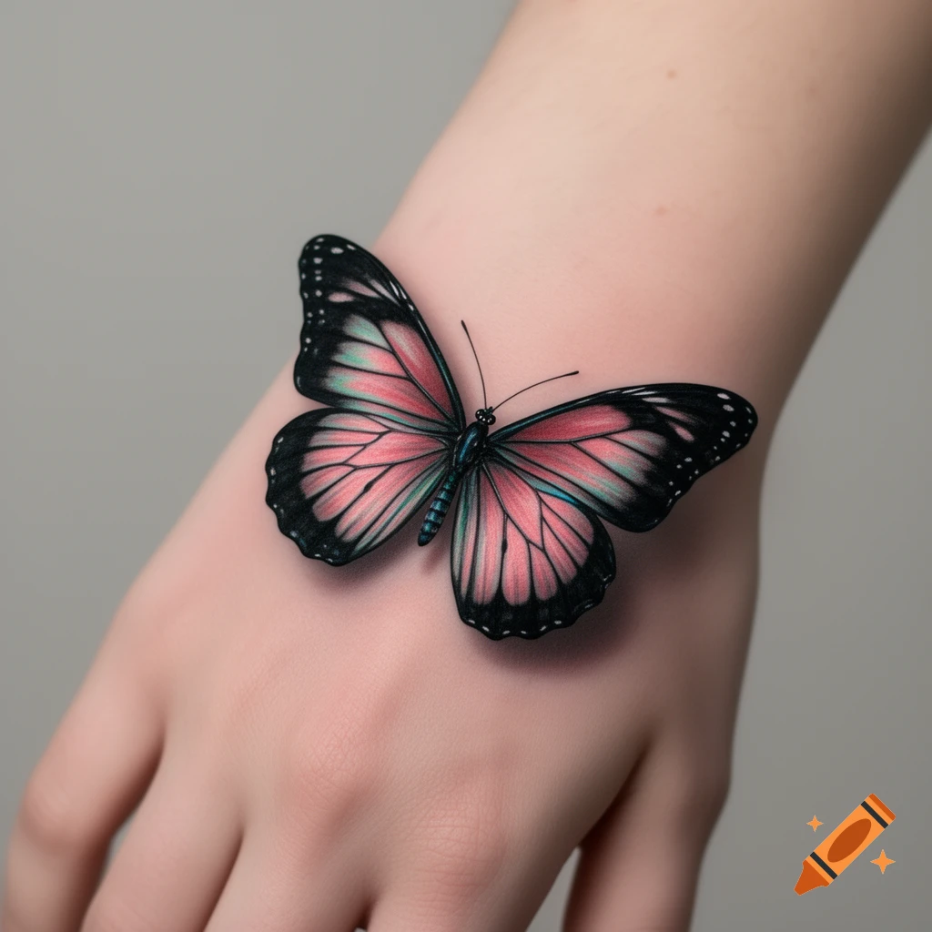 A realistic pink, black, and teal butterfly tattoo on a person's wrist, appearing to rest on the skin.