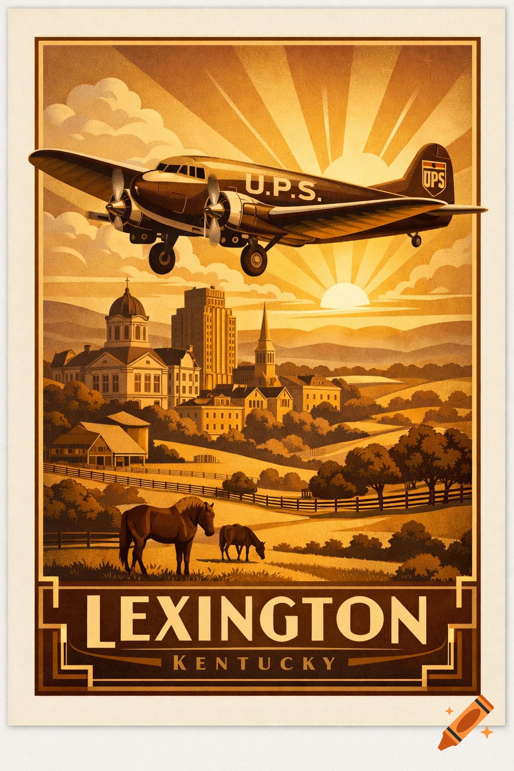 An Art Deco travel poster depicts a vintage UPS airplane flying over Lexington, Kentucky, featuring a cityscape, horse farms, and a sunrise.