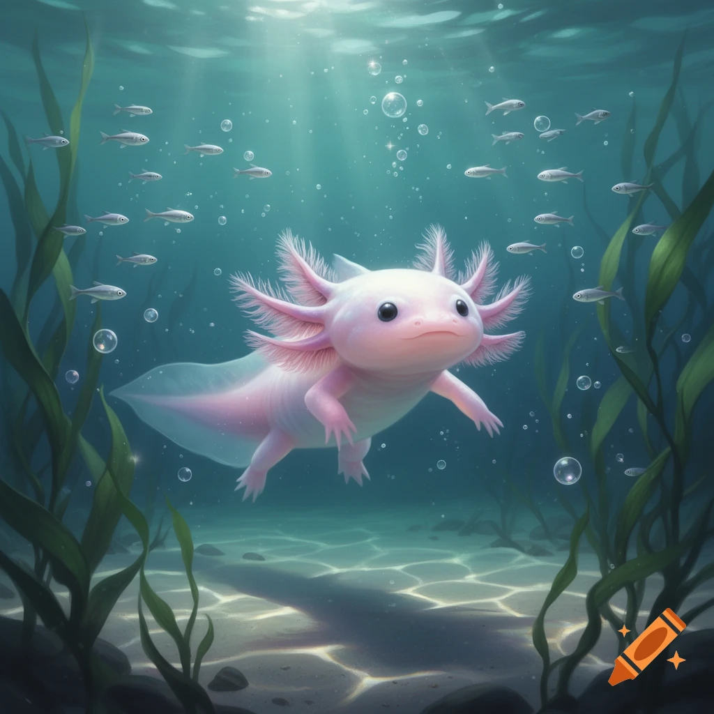 A cute pink axolotl swims underwater among green seaweed, small fish, and bubbles with sun rays.