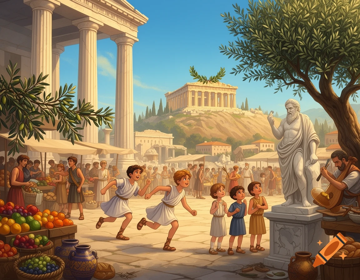 Cartoon illustration of an ancient Greek marketplace with children running, people shopping, a statue, and the Parthenon on a hill.