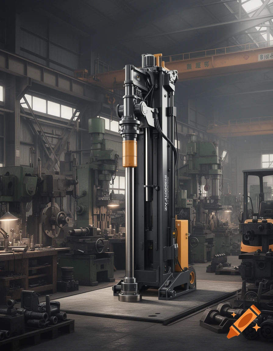 A large, dark industrial hydraulic static piling machine with orange accents stands on a platform in a factory workshop.