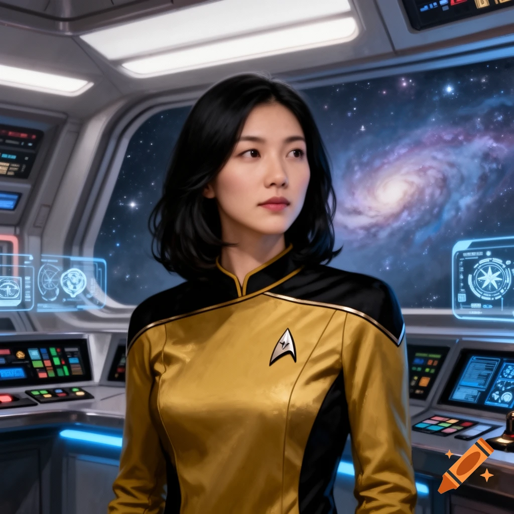 Photorealistic image of an Asian woman in a gold Star Trek uniform on a spaceship bridge with a galaxy view.