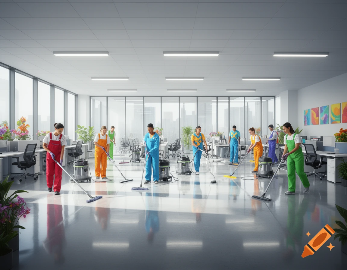 A diverse team of cleaners in colorful overalls mop and vacuum the shiny floor of a modern, bright office space with large windows.
