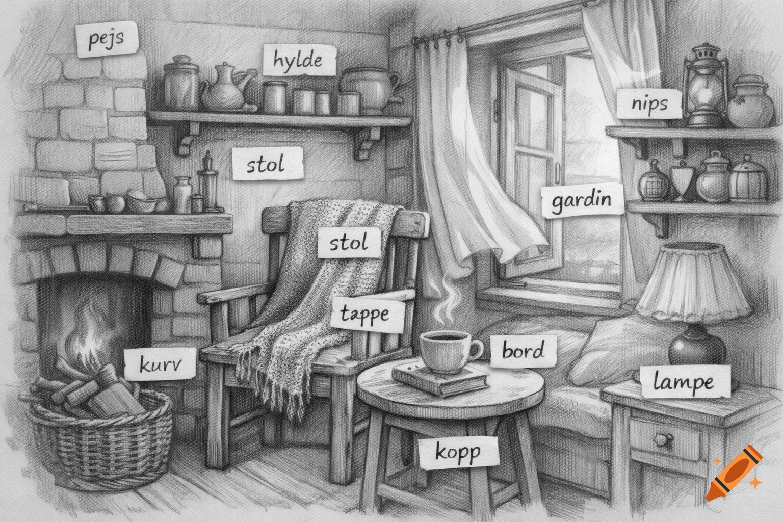 A cozy black and white pencil drawing of a room with a fireplace, chair, and window, featuring Danish labels for objects.