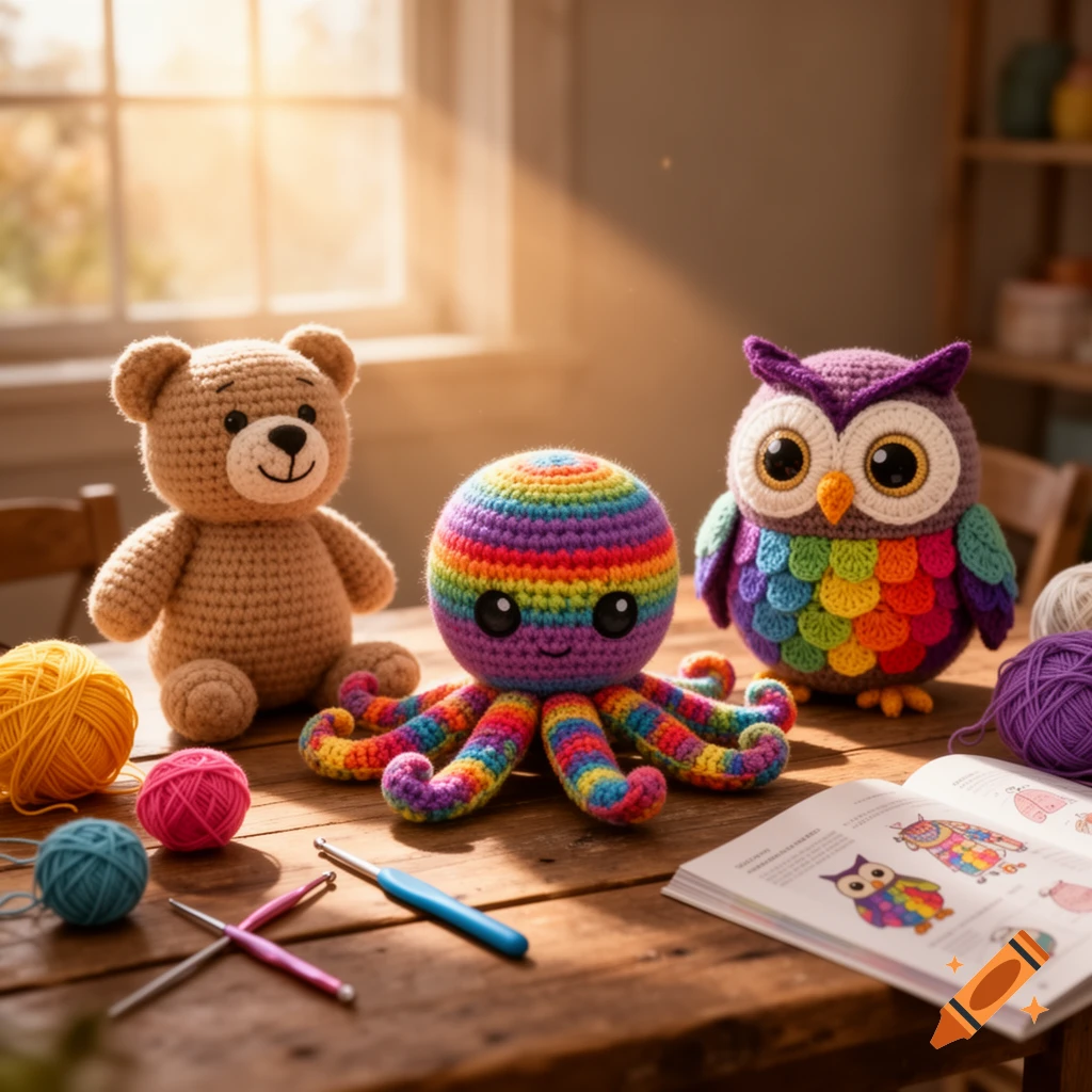 A brown bear, rainbow octopus, and rainbow owl crochet toys sit on a wooden table with colorful yarn balls, crochet hooks, and an open pattern book, illuminated by sunlight from a window.