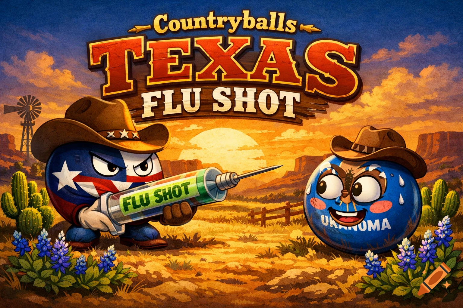 A cartoon Countryball of Texas, wearing a cowboy hat, holds a giant syringe labeled 'FLU SHOT' towards a frightened Oklahoma Countryball in a desert sunset with a title card reading 'Countryballs TEXAS FLU SHOT'.
