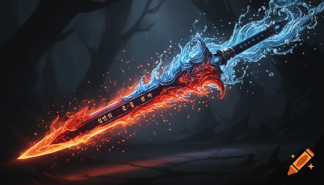 Hyper-detailed fantasy illustration of a glowing sword, half engulfed in red flames, half in blue water, set in a mystical dark environment.