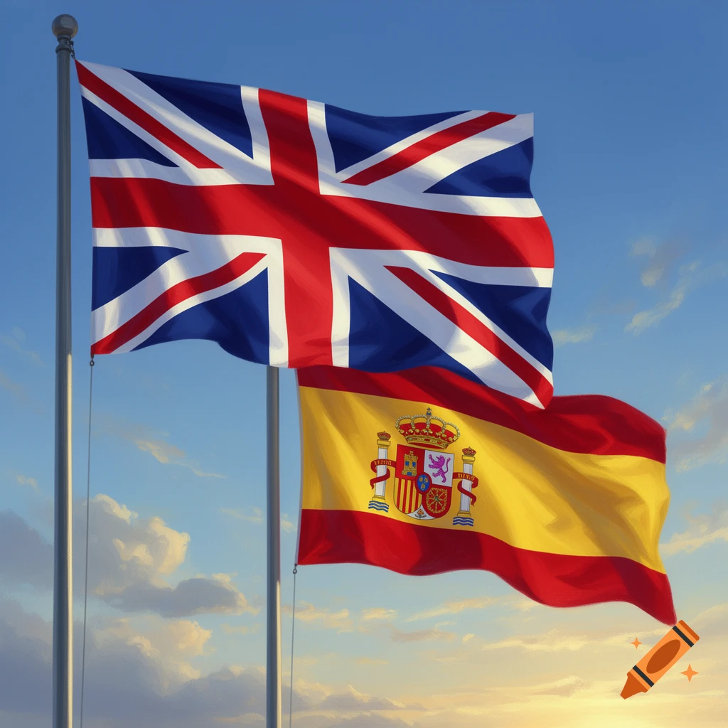 The Union Flag of the United Kingdom and the national flag of Spain flying together against a blue sky with clouds, illuminated by sunlight.
